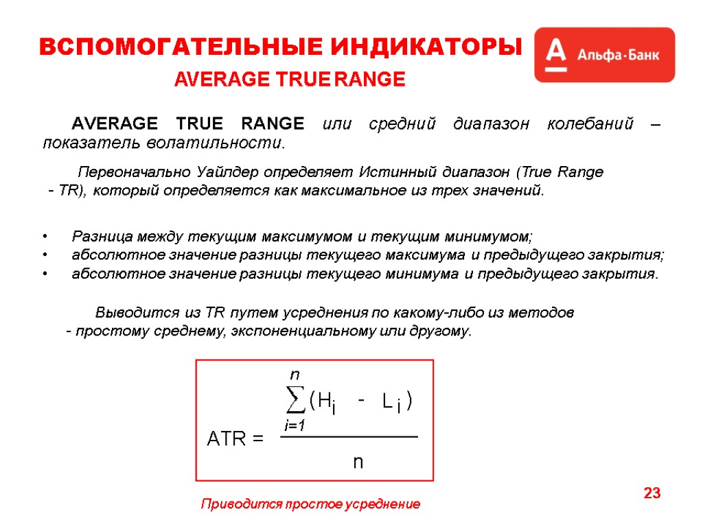 23 ВСПОМОГАТЕЛЬНЫЕ ИНДИКАТОРЫ AVERAGE TRUE RANGE AVERAGE TRUE RANGE или средний диапазон колебаний –